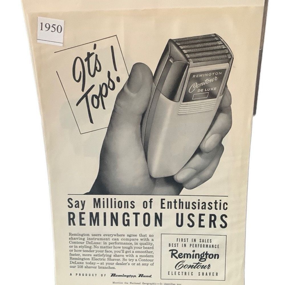 Vintage 1950 Remington Contour Electric Shaver It’s Tops Ad Advertisment